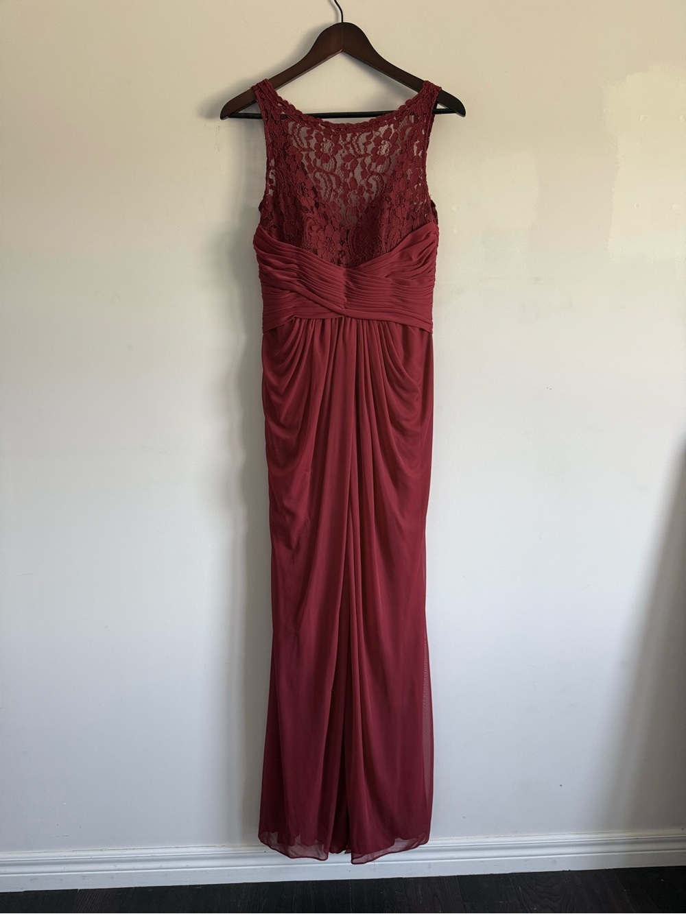 David's Bridal Lace-Back Maxi Dress in Burgundy